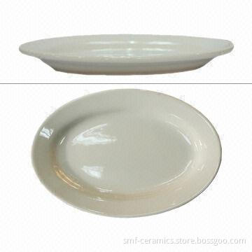 9.375-inch wide rim ceramic oval plate, ideal for hotels, CIQ-/FDA-/LFGB-approved